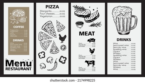 Menu template design for restaurant, sketch illustration. Vector.	