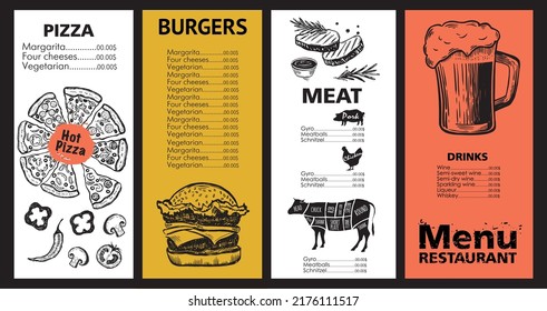Diseño de plantilla de menú para restaurante, ilustración de esbozo. Vector.