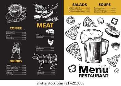 Menu template design for restaurant, sketch illustration. Vector.