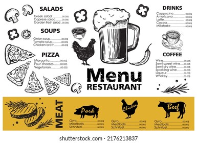 Menu template design for restaurant, sketch illustration. Vector.