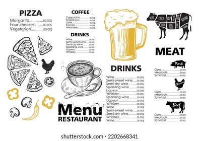 Diseño de plantilla de menú para restaurante, ilustración de esbozo. Vector.