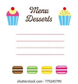Menu template with dessert. Cupcakes and macaroons illustration.