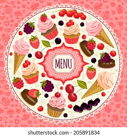 Menu template with desserts and berries.
