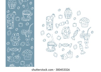 Menu template. Desserts elements in circle shape. Seamless border with desserts elements. Vector Doodles Desserts: Cakes, beverages and candy. 