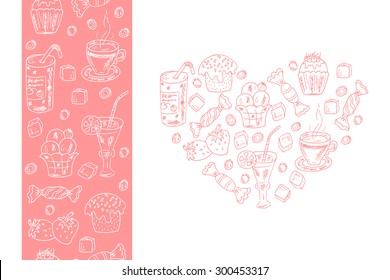 Menu template. Desserts elements in heart shape. Seamless border with desserts elements. Vector Doodles Desserts: Cakes, beverages and candy. 