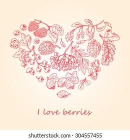 Menu template. Different Berries in heart shape. Vector Doodles Berries: blueberries, black currant, raspberries, blackberries, red currants, gooseberries, rowan, mulberry
