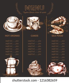 Menu template drinks, cakes and seafood Vector. Fresh coffee, cupcakes, lobesters design line art