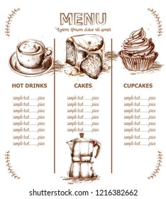 Menu template drinks, cakes and seafood Vector. Fresh coffee, cupcakes, lobesters design line arts