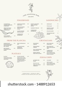 Menu template for a fish restaurant. Seafood. Vector design menu with marine elements: algae, shells, seahorse, corals.