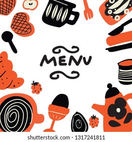 Menu template with funny hand drawn elements in scandinavian style. Vector. Doodles.