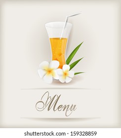 Menu template with glass of orange juice and flowers