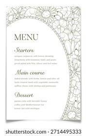 Plantilla de menú con marco de flores silvestres de contorno verde. Tarjeta de selección de alimentos de Boda con borde floral de arte de línea. Menú nupcial de restaurante con tulipán, manzanilla, rosa mosqueta y equinácea. Ilustración vectorial.