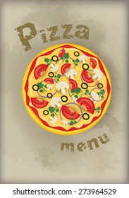 Menu template grunge background with pizza