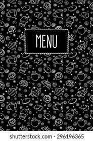 Menu template with hand drawn doodle bakery products and lace. Vector set of elements for menu design: cake, teapot, croissant, pancake, donut, coffee, cookie, bagel. Pastry&beverage for menu design.