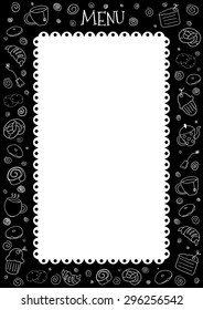 Menu template with hand drawn doodle bakery products and lace. Vector set of elements for menu design: cake, teapot, croissant, pancake, donut, coffee, cookie, bagel. Pastry&beverage for menu design.