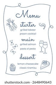 Modelo de menu com lagosta desenhada à mão, copos de vinho, cheesecake. Perfeito para panfleto de café, brochura de restaurante, livreto de entrega. Ilustração vetorial