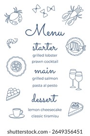 Modelo de menu com lagosta desenhada à mão, copos de vinho, cheesecake. Perfeito para panfleto de café, brochura de restaurante, livreto de entrega. Ilustração vetorial