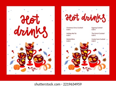 Menu template with hot winter seasonal drinks. Christmas menu with mulled wine, punch and cocktails