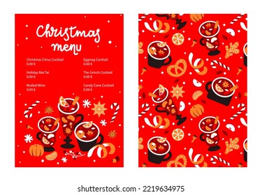 Menu template with hot winter seasonal drinks. Christmas menu with mulled wine, punch and cocktails