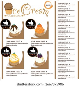 Menu template Ice cream dessert. Restaurant brand design. 