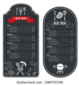 Menu template on a black chalkboard for restaurants and cafes. Grilled meat and barbecue food