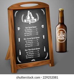Menu template on chalkboard - for beer and alcohol with realistic brown beer bottle, and beer label with place for your text and design. Vector