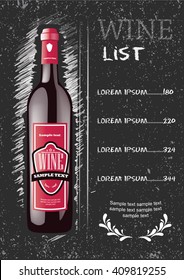 Menu template on chalkboard - for wine and alcohol with realistic wine bottle, and beer label with place for your text and design. Vector