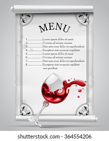 Plantilla de menú en hoja de pergamino blanco con marco decorativo y barra de ventanas descendente. Ilustración del vector