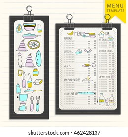 Menu template on wooden board with clips. Hand Drawn elements. Template for your design. Hipster style