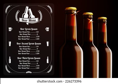 Menu template (or banner) for beer and alcohol with place for logo of your pub, restaurant, cafe etc. With realistic three brown beer bottles on dark background. vector.
