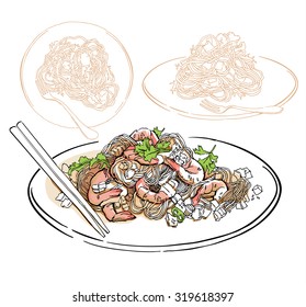Menu template with pasta with seafood and vegetables in funny style.