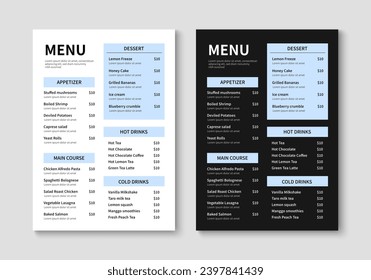 Menu template for restaurant and cafe. Minimalist restaurant menu booklet design. Brochure, cover, flyer design. Vector illustration