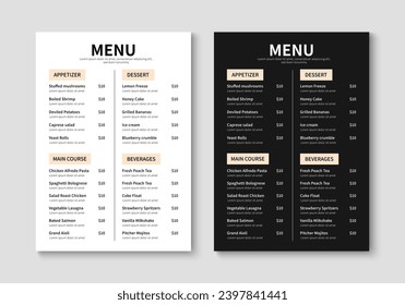 Menu template for restaurant and cafe. Minimalist restaurant menu booklet design. Brochure, cover, flyer design. Vector illustration
