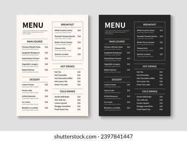 Menu template for restaurant and cafe. Minimalist restaurant menu booklet design. Brochure, cover, flyer design. Vector illustration