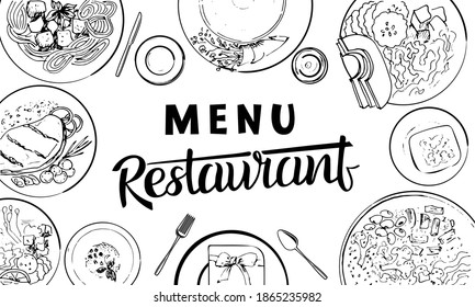 Plantilla de menú para un restaurante. Cubierta de un folleto con platos elaborados en forma de esbozo.