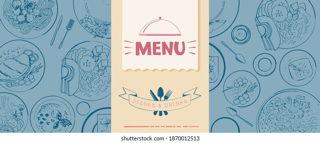 Menu template for a restaurant. Cover of a brochure with dishes drawn in the style of a sketch.