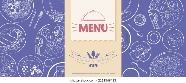 Menu template for a restaurant. Cover of a brochure with dishes drawn in the style of a sketch in very peri color.