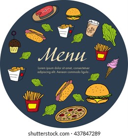 Menu template for restaurant. decoration Fast food restaurants. Fast Food color icons hand-drawn on dark background