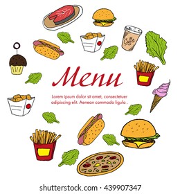 Menu template for restaurant. decoration Fast food restaurants. Fast Food color icons hand-drawn.