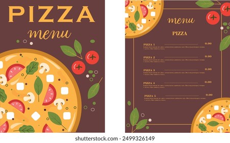 Menu template for restaurant, pizzeria and cafe. Pizza menu poster. Traditional Italian food. Vector illlustration.