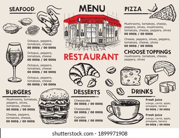 Menu template for restaurant. Vector illustration in hand-drawn style.	