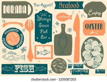 Menu template for seafood restaurant and cafe on a blackboard background vector illustration brochure for dinner celebration. Design poster with vintage lettering
