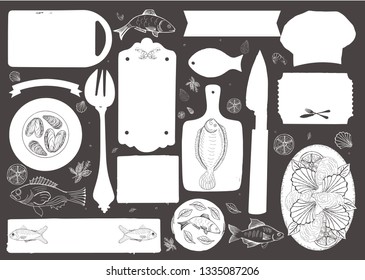 Menu template for seafood restaurant and cafe on a blackboard background vector illustration brochure for dinner celebration. Design poster with vintage lettering