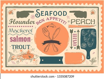 Menu template for seafood restaurant and cafe on a blackboard background vector illustration brochure for dinner celebration. Design poster with vintage lettering