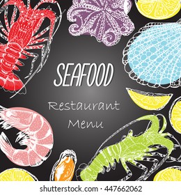 Menu template seafood for your restaurant. Handmade graphics, lobster, mussels, octopus, lemon, shell, shrimp. Dark background, vector illustration. Set seafood