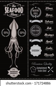 menu template with squid for seafood restaurant