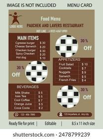 Here’s a menu template that includes an editable menu card and menu chart with prices. It allows you to add any kind of menu and includes prices if needed.