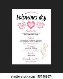 Menu Template For Valentine Day Dinner. Flyer With Hand-drawn Graphic Elements In Doodle Style.