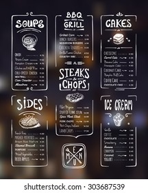 Menu template. White drawing on dark background. Soups, sides, bbq & grill, steaks & chops, cakes, ice cream