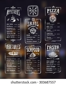 Menu template. White drawing on dark background. Appetizers, vegetables,salads, seafood, pizza, pasta.